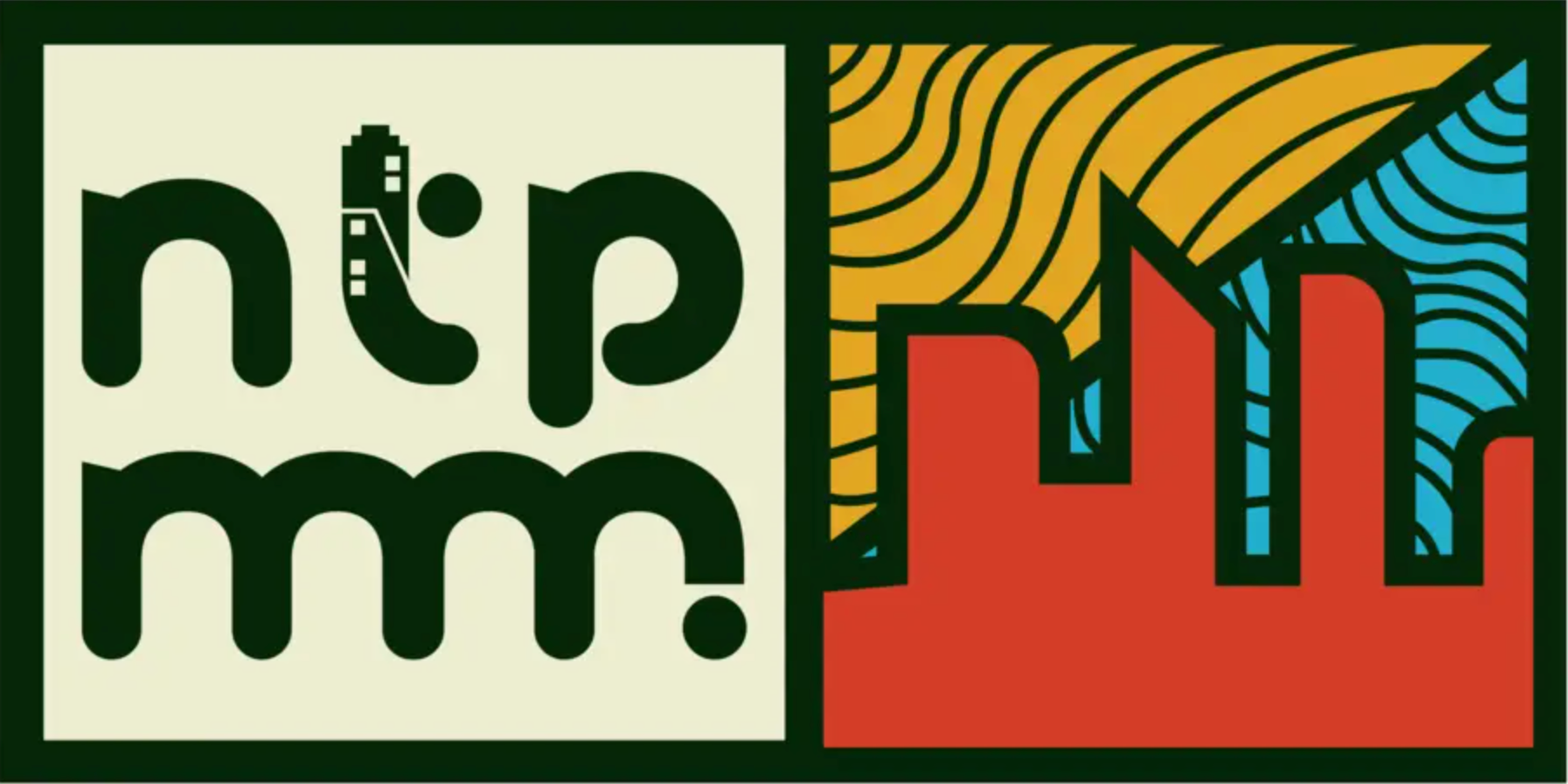 Logo NTP MM nhiều màu xanh, vàng và đỏ, kiểu chữ kẻ sọc